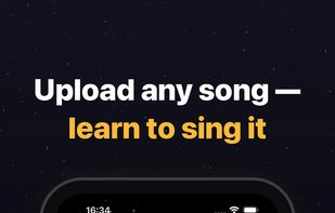 "Upload any song — learn to sing it" — MP3/YouTube upload flow with difficulty picker