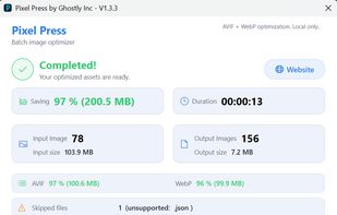 Batch image optimization results showing total savings after converting images to modern formats like WebP and AVIF.