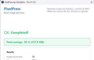 Batch image optimization results showing total savings after converting images to modern formats like WebP and AVIF.
