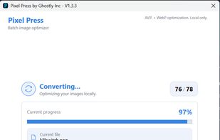 Live batch conversion progress while Pixel Press processes and optimizes multiple images.