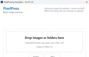 Pixel Press interface for selecting folders, enabling AVIF and WebP output, and configuring image quality settings.