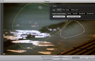 This screenshot shows a Shapes node being used to control a color correction effect. The output of the Shapes is blurred, inverted and used as the mask for the brown tint.