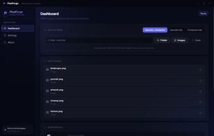Dashboard showing the batch queue with per-image progress, model selection, and pipeline mode (upscale + compress).