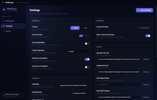 Settings panel for GPU selection, output naming templates, theme, and pipeline behavior.