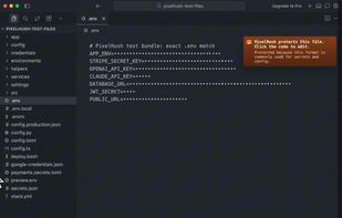 PixelHush masks secrets in a demo .env file in Cursor while screen recording is detected.