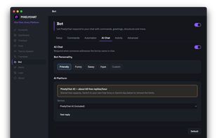 An AI Co-Host For Your Chat
@mention your bot and it actually replies — pick a personality (Friendly, Funny, Sassy, Hype, or write your own) and it'll match the vibe of your stream instead of sounding like a script. Free hosted AI is included out of the box, no API key or signup required, with the option to bring your own key for more headroom.