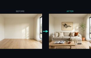 An empty room furnished from a single photo. Windows, walls and proportions stay as they are, so it is still the same property.