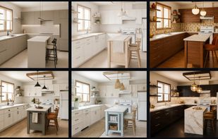 One kitchen shown in six interior styles, including cabinet fronts and counters.