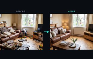 Declutter works on lived-in rooms too: existing furniture and clutter are cleared, then the room is restaged.