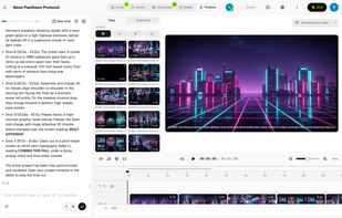 A finished 62-second synthwave spot — the agent writes timed shot-by-shot direction on the left, generated clips land in the assets panel, and the full cut assembles on the timeline ready to export.