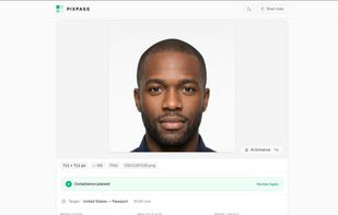 Compliance check passed for a US passport photo — 51×51 mm preset, 300 DPI export, free 96 DPI download option visible.