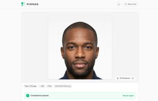 Compliance check passed for a US passport photo: 51×51 mm preset, 300/600 DPI export, free 96 DPI download option visible.