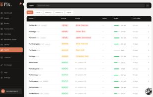 Watch every booth live: camera, printer, paper and connection status, with alerts when something needs attention.