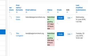 Moodle integration: plagiarism report is available in Grades. Click on the plagiarism score to access a detailed report.