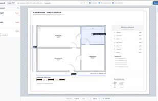 Plan Measure with a calibrated PDF plan, line measurements and a polygon area/perimeter measurement.