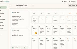Monthly calendar view with focus, notes and reflection space