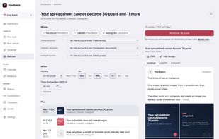 One batch turns 12 articles into 36 posts for Facebook, LinkedIn and Instagram. Pick the accounts, the post type for each network, the weekdays and the time once, and the plan spreads the posts over the following weeks, with a preview of each network's version before you schedule.