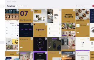 The starter templates, shown in the brand's own colours and fonts: product cards, price lists, events, countdowns, stats, carousels, before and after and more. Use one as it is or as the starting point for your own.