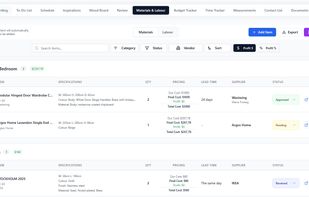 FF&E Schedule - create lists with detailed information about the products like dimensions, price, margin, SKU and much more. Add labour quotes if you want to. It's all connected live to your Budget Tracker so you will never miss another dollar!
