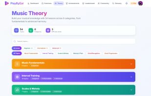Comprehensive theory lessons for each exercise, featuring audio examples and interactive keyboards