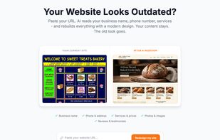 Modernize an existing site. Paste an old website URL and Playcode rebuilds the content with a modern responsive design while keeping the business details intact.