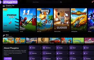 Playgima homepage showing featured browser games, game categories, and quick access to free online games from a clean dark gaming interface.