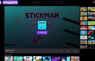 Game detail page with a large game preview, Play button, related games, and quick actions such as favorite and fullscreen.