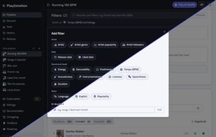 Filter picker

Every filter in one place: artist, genre, release and liked date, tempo, energy, mood, language, duration, popularity — or describe it in a sentence.