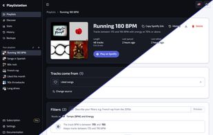 Playlist in edition

A playlist is just rules: here, tracks between 170 and 190 BPM with energy above 70 %. Change a rule, the playlist follows.