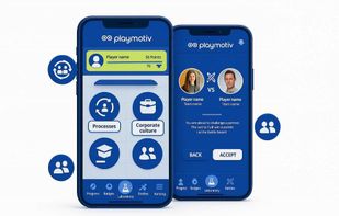Mobile interface of Playmotiv focused on gamified onboarding, featuring learning modules, corporate culture, internal processes, user battles, badges, progress tracking and rankings. The image conveys a more interactive, visual and engaging onboarding experience for new employees.