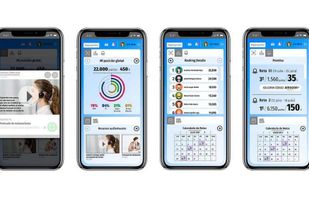 Mobile screens from a Playmotiv mission-based gamified experience, including user access, global ranking position, audiovisual resources, leaderboard, challenge calendar and rewards system. The image shows how Playmotiv structures motivation and training campaigns through challenges, content and incentives.