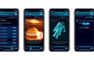 Playmotiv gamified experience with a space expedition theme, designed to turn goals, rankings, challenges and rewards into a visual adventure inspired by space exploration. The image shows several mobile screens with leaderboards, content, missions and prizes.