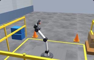 3D six-axis robot scenario in a guarded industrial work cell.