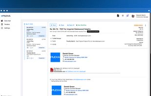 Email and correspondence manager showing thread histories, linked attachments, and status tags for builder advice.