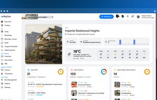Project Data Hub displaying project metadata, weather forecasts, and key trackables for RFIs, defects, and safety observations.