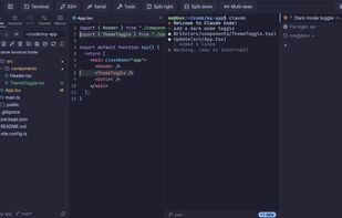 DEV mode: Claude Code in a tab with the project explorer, git status and the file it is editing
