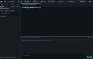 Terminal with saved sessions sidebar and the AI chat pane