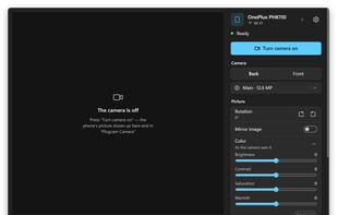 Dark theme with camera color correction settings: brightness, contrast, saturation and warmth