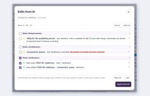 Edits from an AI chat arrive as a list: accept or reject each one; conflicts stay unticked.