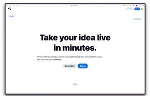 Plyo landing page showing the "Take your idea live in minutes" hero section, highlighting the ease of use for creators.
