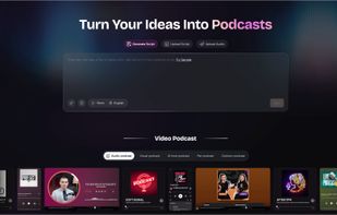 PodcastorAI's main interface lets you turn any idea, link, or file into a podcast script, then choose your video format — Audio, Visual, AI Host, Pet, or Cartoon podcast — from a single input screen.