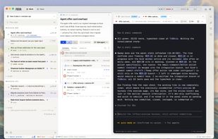 Podium desktop workspace with tasks, agent conversations, and a live terminal.