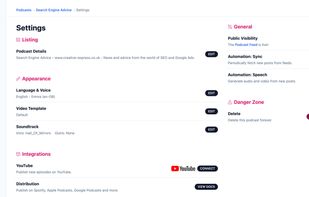 Control various aspects of your blog distribution from the Settings page.