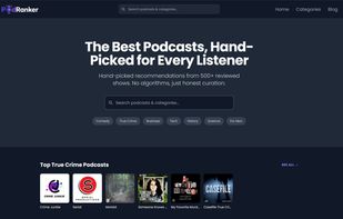 The main discovery hub featuring hand-picked recommendations, curated categories like True Crime and Business, and a global search tool.