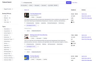 Search active podcasts using outreach-specific filters for topics, audience size, booking difficulty, guest activity, and contact availability.