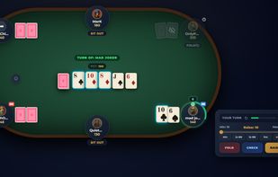 Texas Hold'em cash table: community cards, pot and the action panel on your turn.