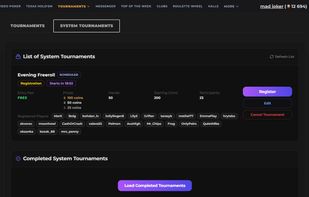 Tournament list: scheduled tournaments running around the clock, open to join.