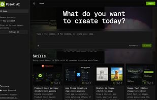 PoloX AI homepage showing the agent chat and creative workspace.