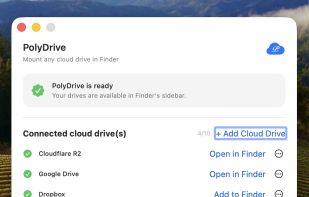 The PolyDrive main window, showing connected cloud drives and locally attached ext4 and NTFS disks.