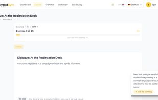 Dialogue exercise with audio and AI tutor hints